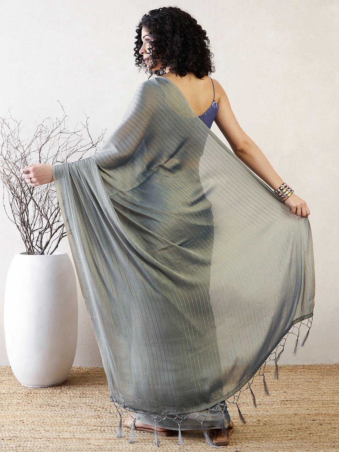 NOZ2TOZ Women's Poly Georgette Blue Solid Ready to Wear With Blouse Piece - Distacart