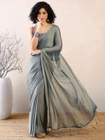 Thumbnail for NOZ2TOZ Women's Poly Georgette Blue Solid Ready to Wear With Blouse Piece - Distacart
