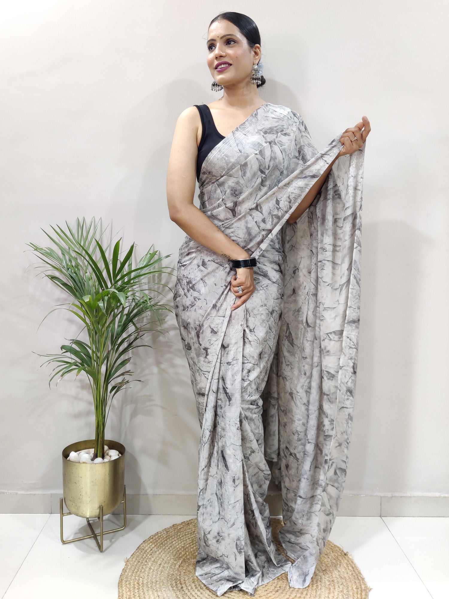 NOZ2TOZ Women's Chiffon Grey Printed Ready to Wear With Blouse Piece - Distacart