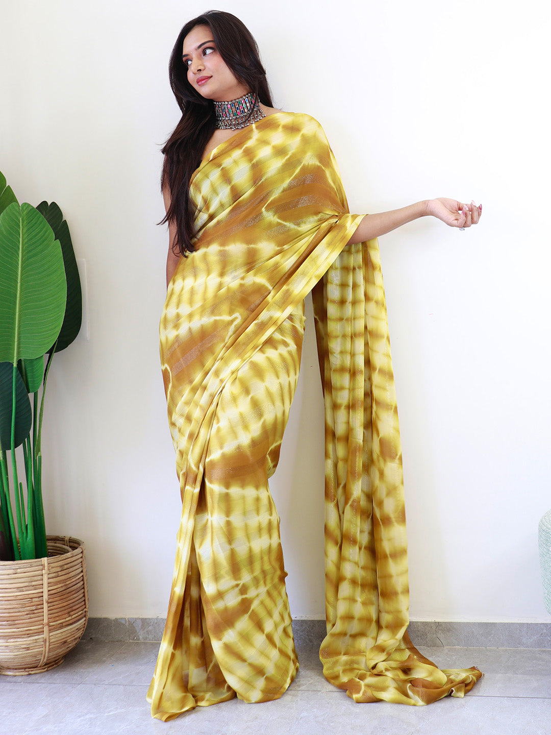 NOZ2TOZ Women's Georgette Mustard Printed Ready to Wear With Blouse Piece - Distacart