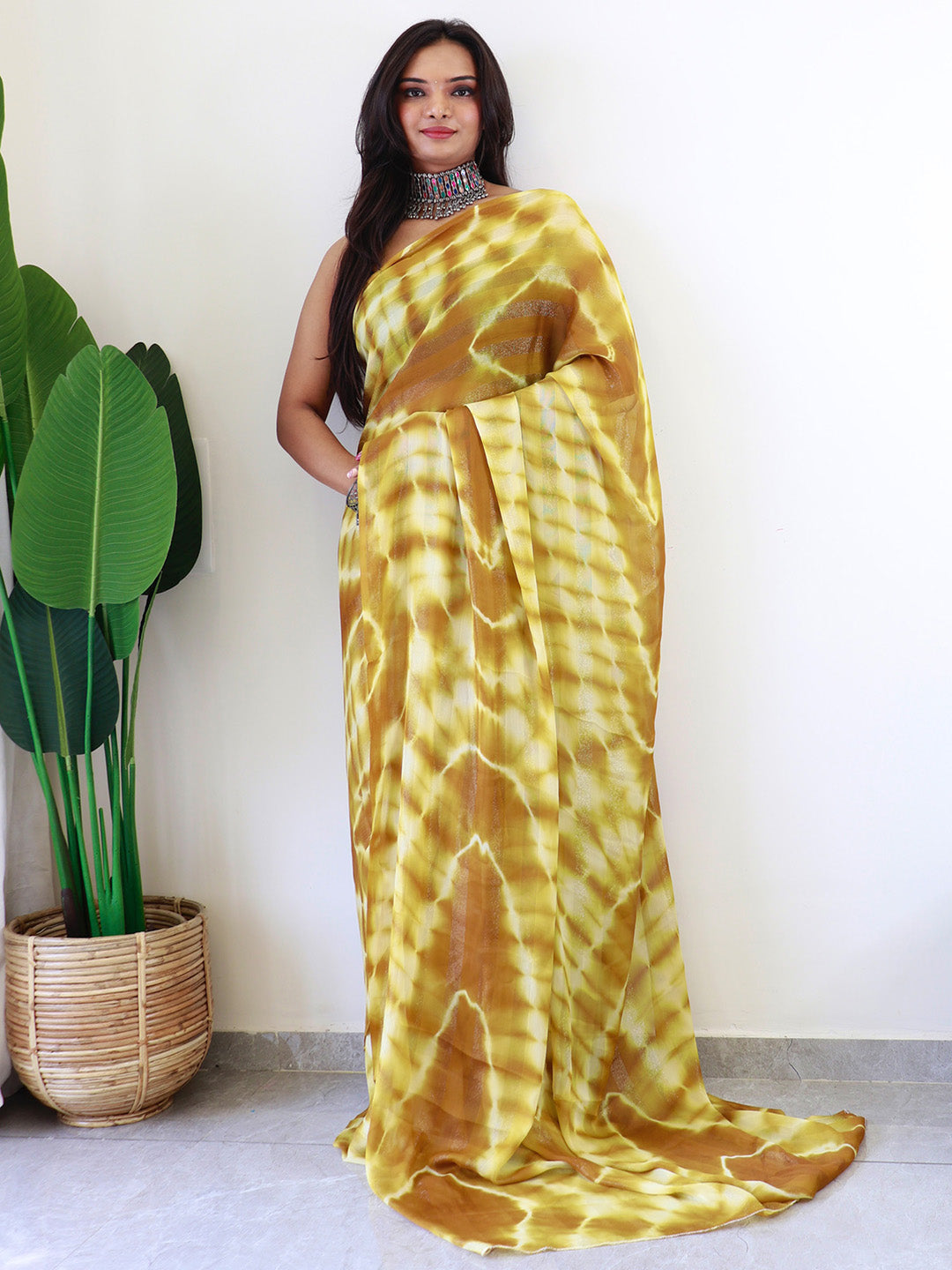 NOZ2TOZ Women's Georgette Mustard Printed Ready to Wear With Blouse Piece - Distacart