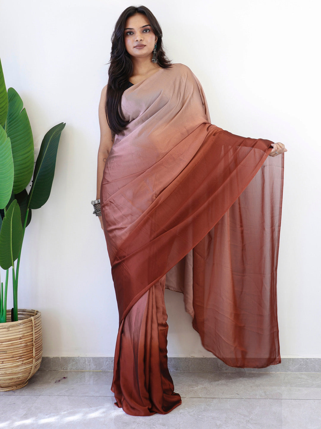 NOZ2TOZ Women's Georgette Printed Ready to Wear With Blouse Piece - Brown - Distacart