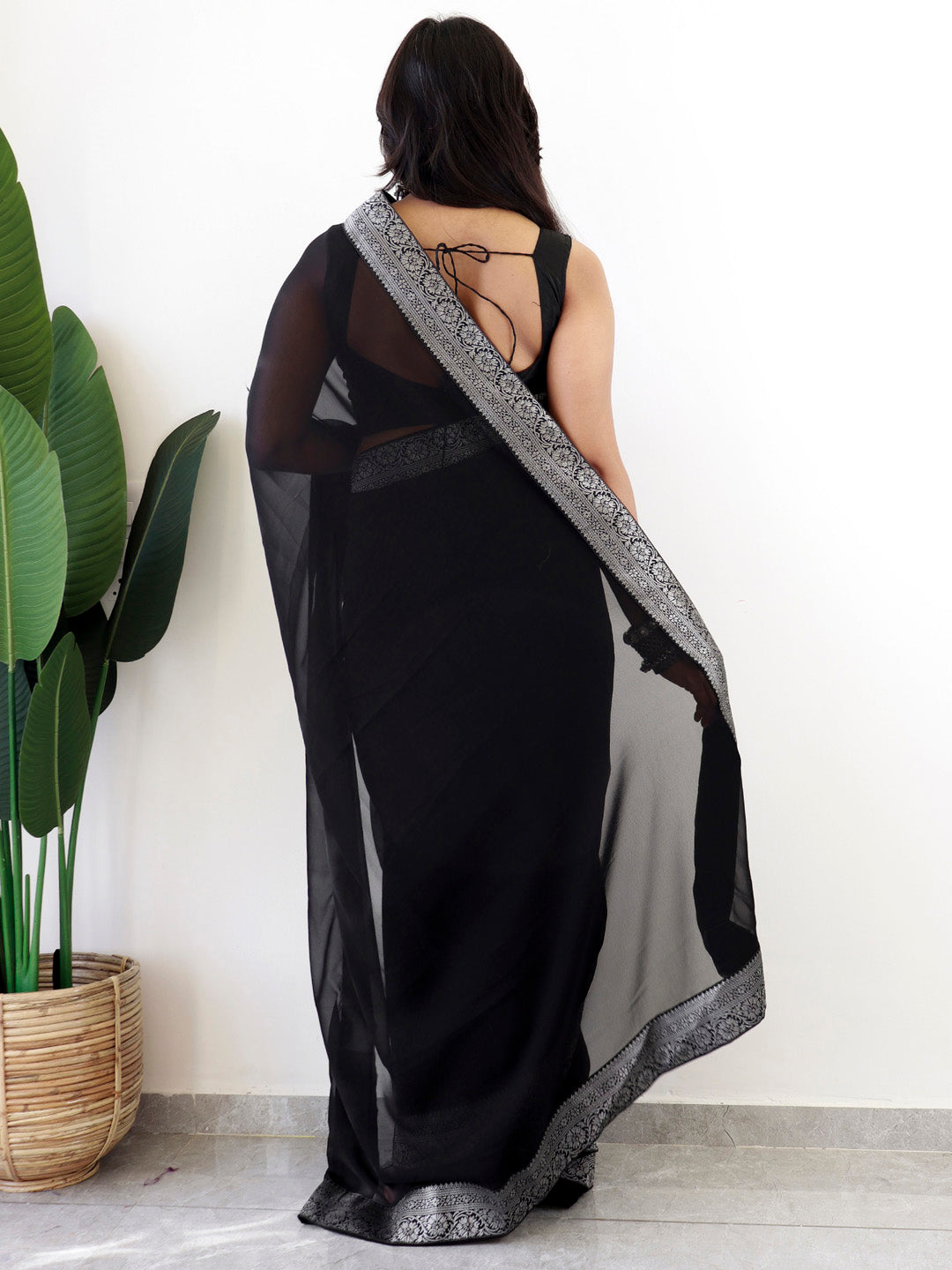 NOZ2TOZ Women's Georgette Embellished Ready to Wear With Blouse Piece - Black - Distacart