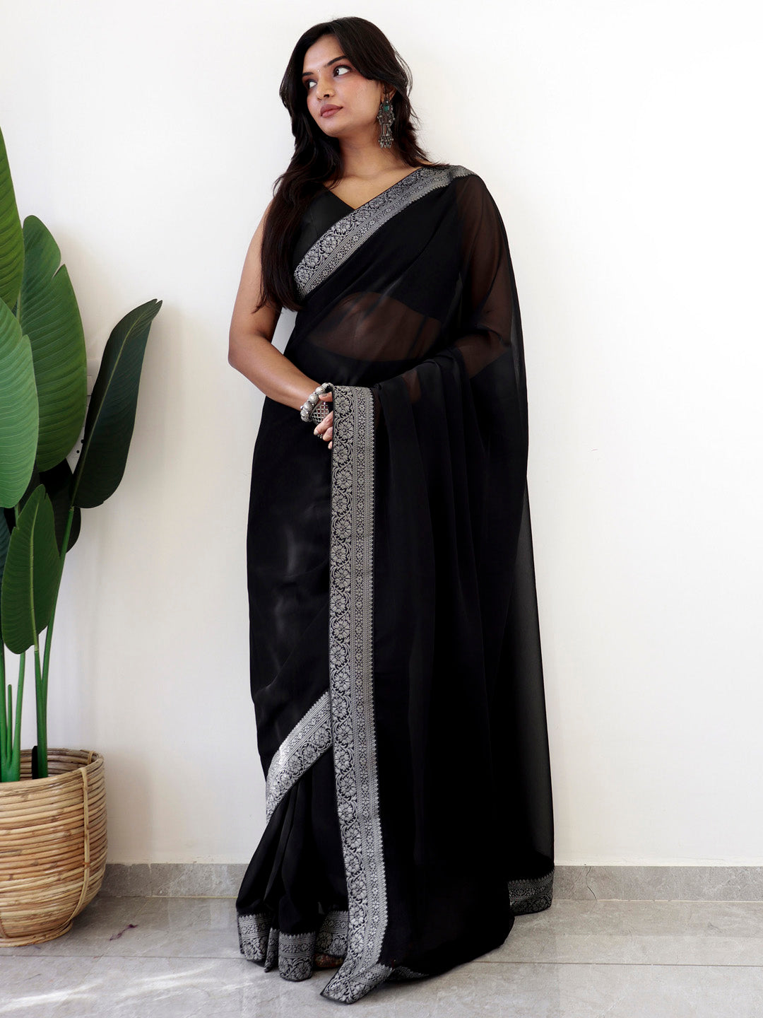 NOZ2TOZ Women's Georgette Embellished Ready to Wear With Blouse Piece - Black - Distacart