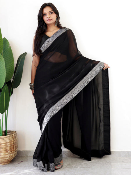 NOZ2TOZ Women's Georgette Embellished Ready to Wear With Blouse Piece - Black - Distacart
