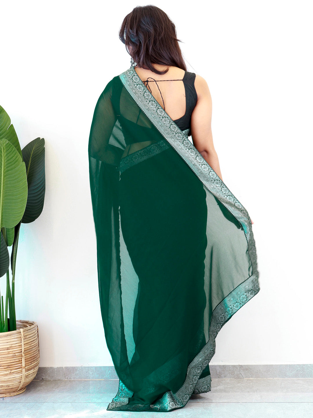 NOZ2TOZ Women's Georgette Embellished Ready to Wear With Blouse Piece - Green - Distacart