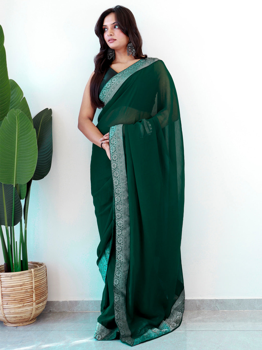 NOZ2TOZ Women's Georgette Embellished Ready to Wear With Blouse Piece - Green - Distacart