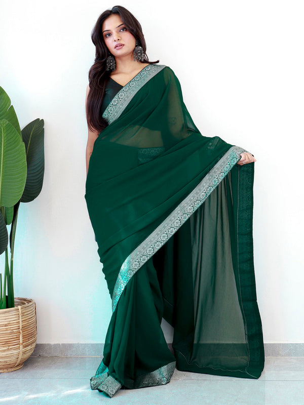 NOZ2TOZ Women's Georgette Embellished Ready to Wear With Blouse Piece - Green - Distacart