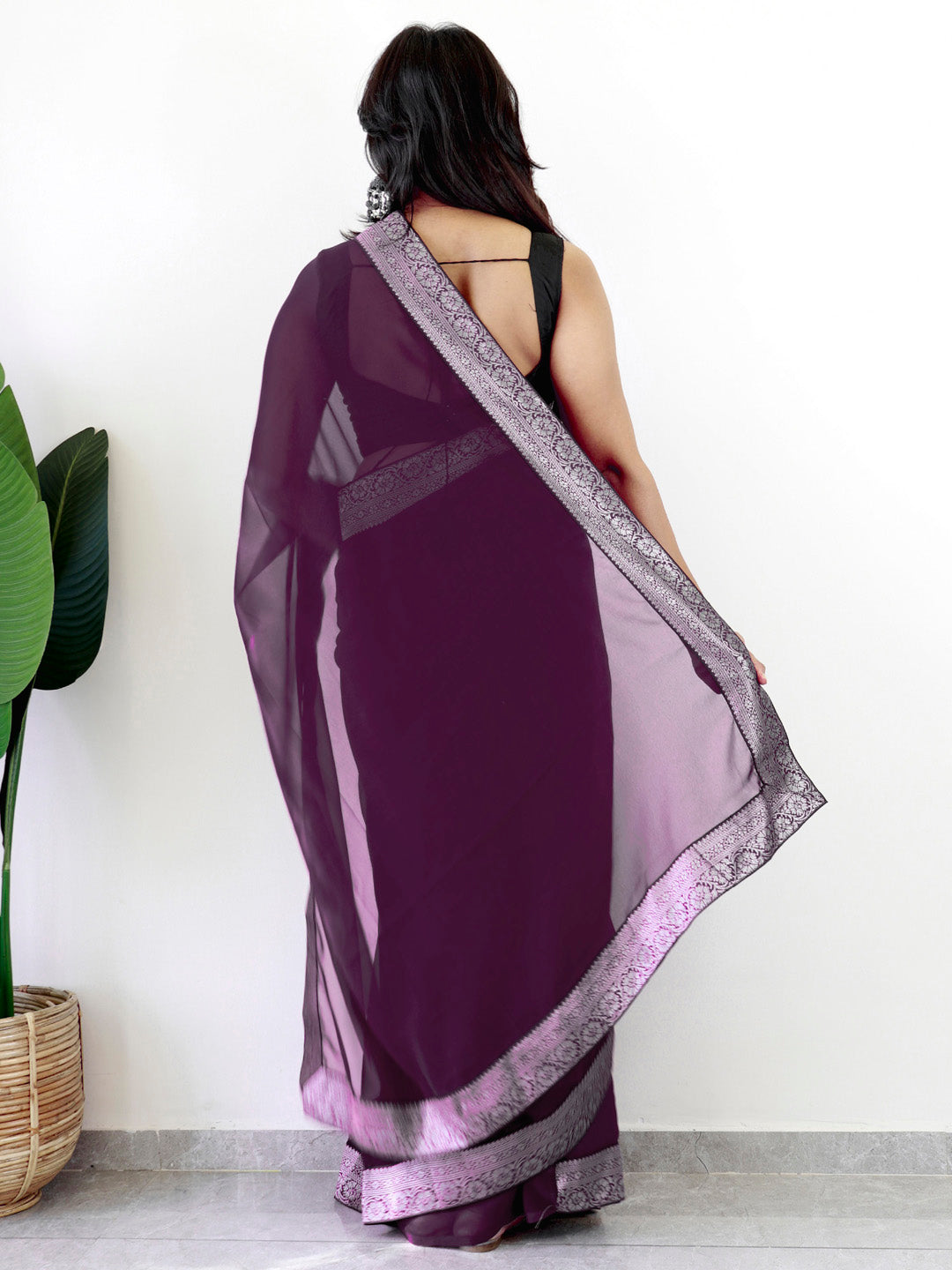 NOZ2TOZ Women's Georgette Embellished Ready to Wear With Blouse Piece - Magenta - Distacart