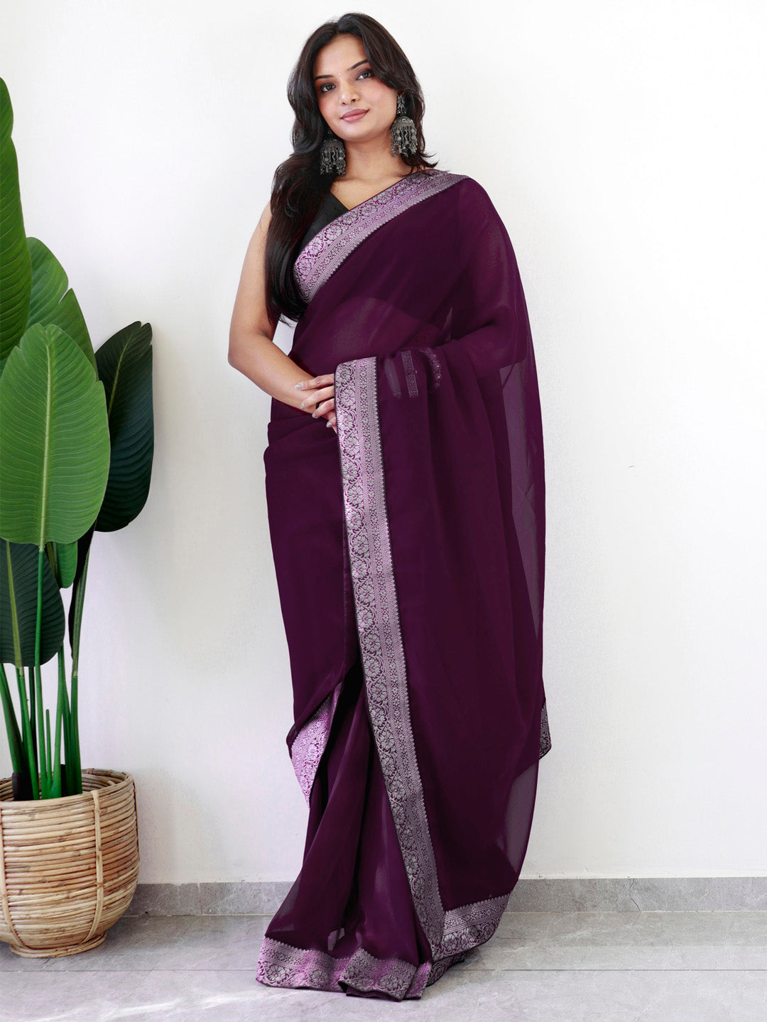 NOZ2TOZ Women's Georgette Embellished Ready to Wear With Blouse Piece - Magenta - Distacart