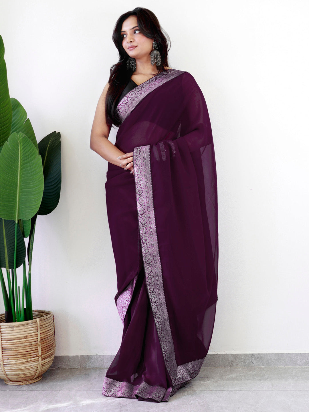 NOZ2TOZ Women's Georgette Embellished Ready to Wear With Blouse Piece - Magenta - Distacart