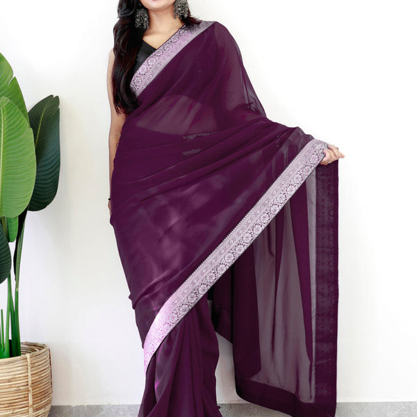 NOZ2TOZ Women's Georgette Embellished Ready to Wear With Blouse Piece - Magenta - Distacart