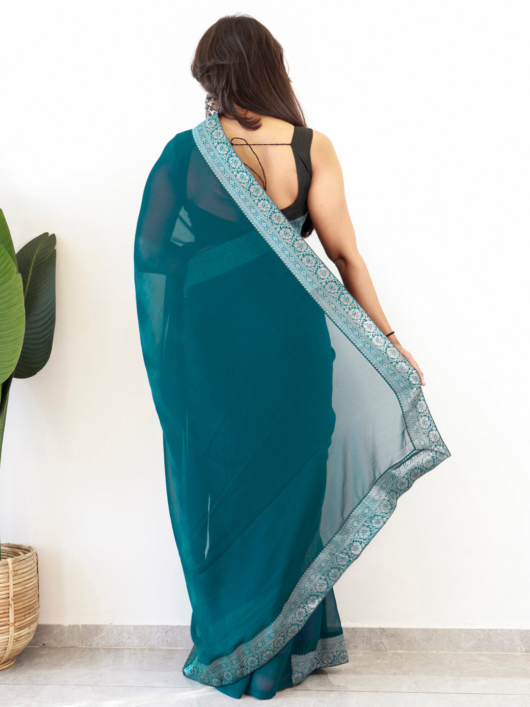 NOZ2TOZ Women's Georgette Embellished Ready to Wear With Blouse Piece - Teal blue - Distacart