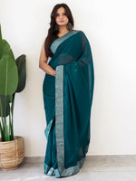 Thumbnail for NOZ2TOZ Women's Georgette Embellished Ready to Wear With Blouse Piece - Teal blue - Distacart