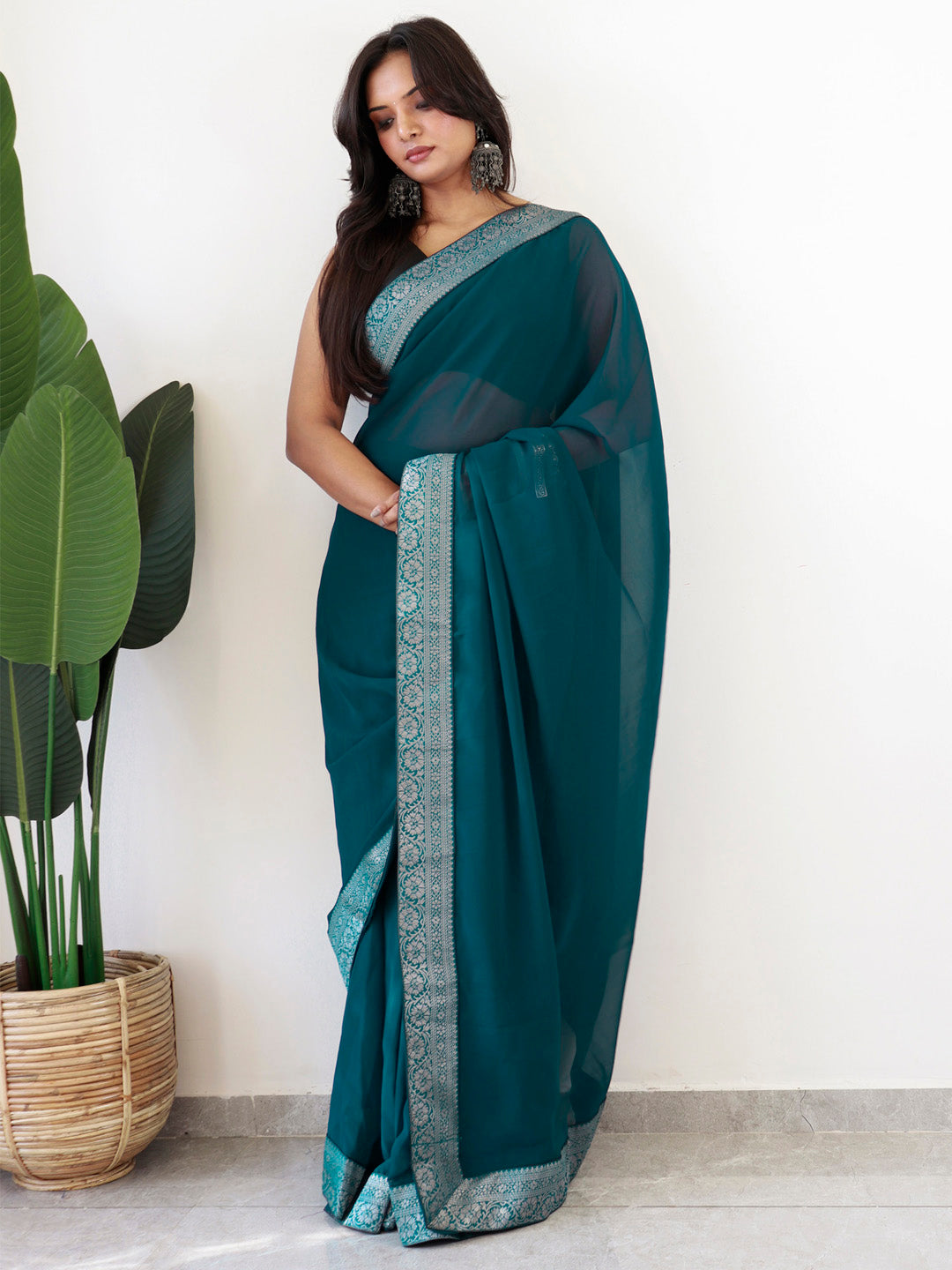 NOZ2TOZ Women's Georgette Embellished Ready to Wear With Blouse Piece - Teal blue - Distacart