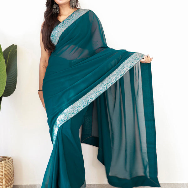 NOZ2TOZ Women's Georgette Embellished Ready to Wear With Blouse Piece - Teal blue - Distacart