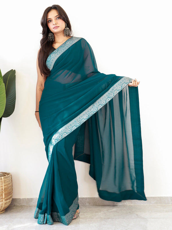 NOZ2TOZ Women's Georgette Embellished Ready to Wear With Blouse Piece - Teal blue - Distacart