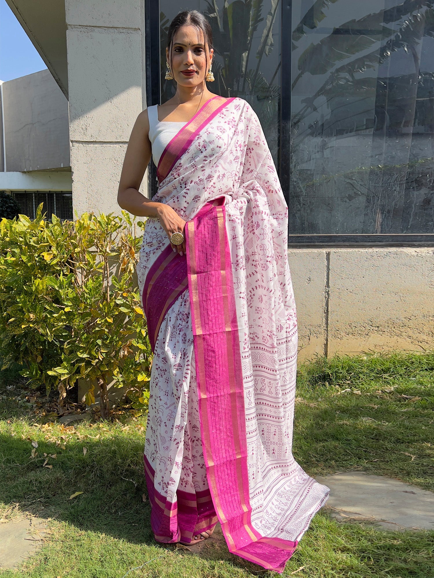 NOZ2TOZ Women's Dola Silk White Printed Ready to Wear With Blouse Piece - Distacart