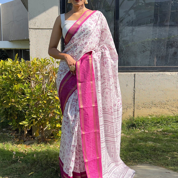 NOZ2TOZ Women's Dola Silk White Printed Ready to Wear With Blouse Piece - Distacart