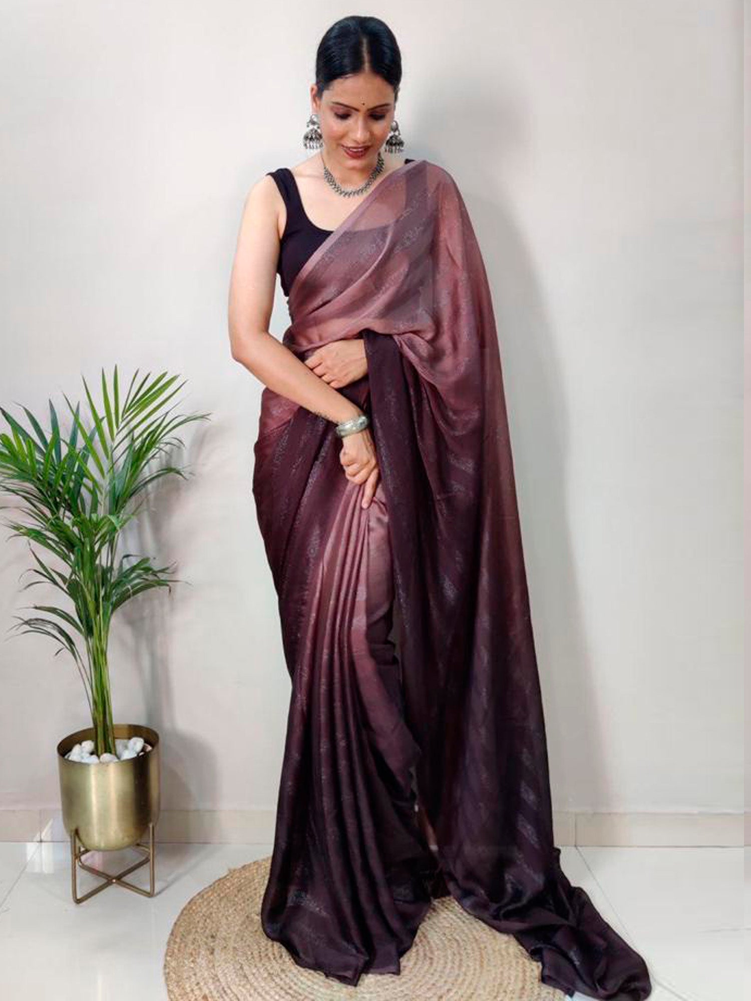 NOZ2TOZ Women's Georgette Burgundy Printed Ready to Wear With Blouse Piece - Distacart