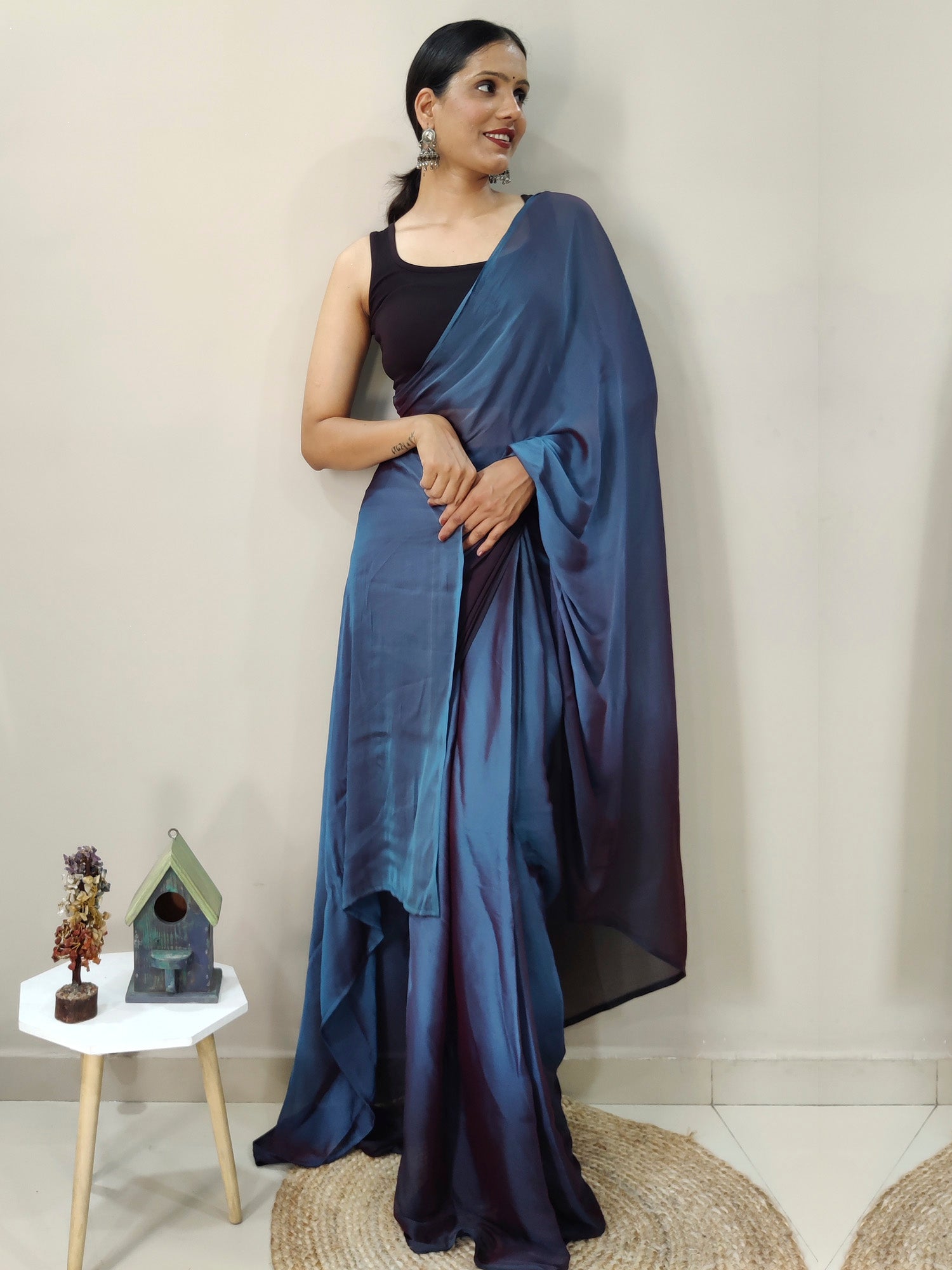 NOZ2TOZ Women's Nylon Teal blue Printed Ready to Wear With Blouse Piece - Distacart