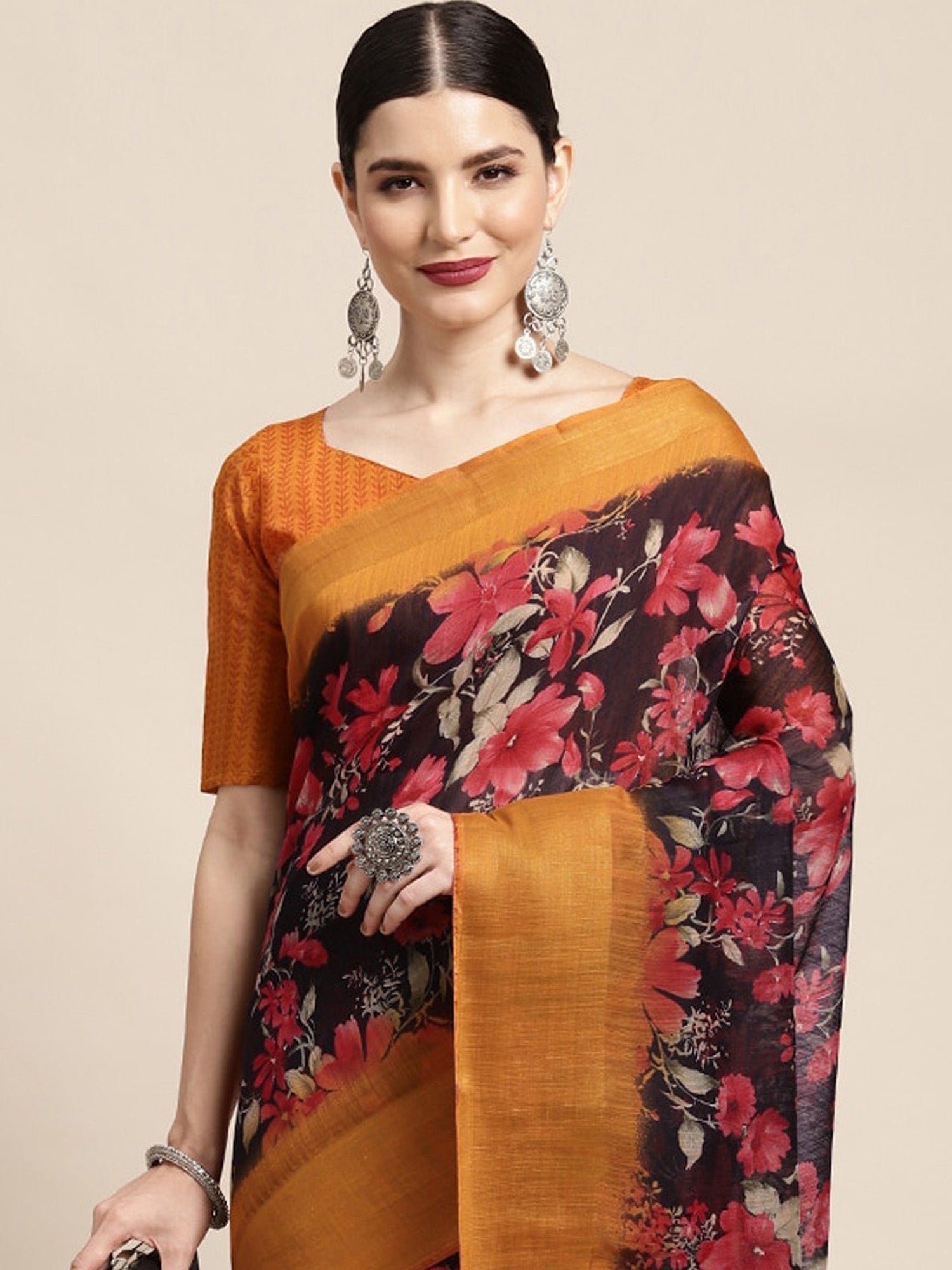 NOZ2TOZ Women's Linen Black Printed Ready to Wear With Blouse Piece - Distacart