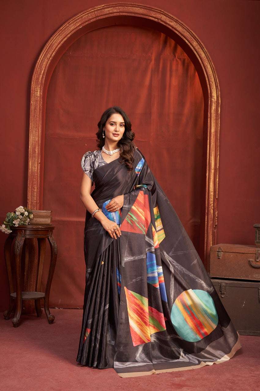 Hypnotex Premium Crepe Silk Digital Print Ready-To-Wear Saree With Stitched Blouse And Scarf-Multicolor