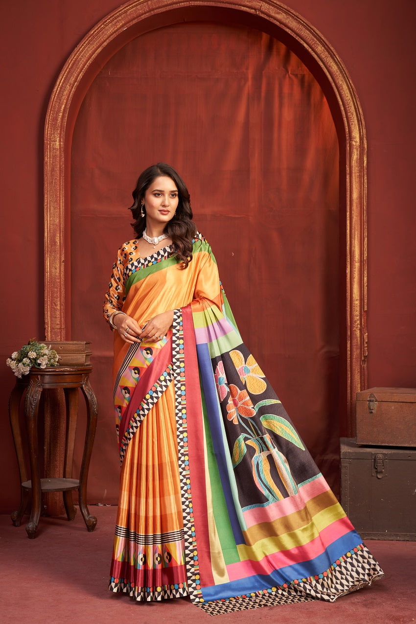 Hypnotex Premium Crepe Silk Digital Print Ready-To-Wear Saree With Stitched Blouse And Scarf-Multicolor