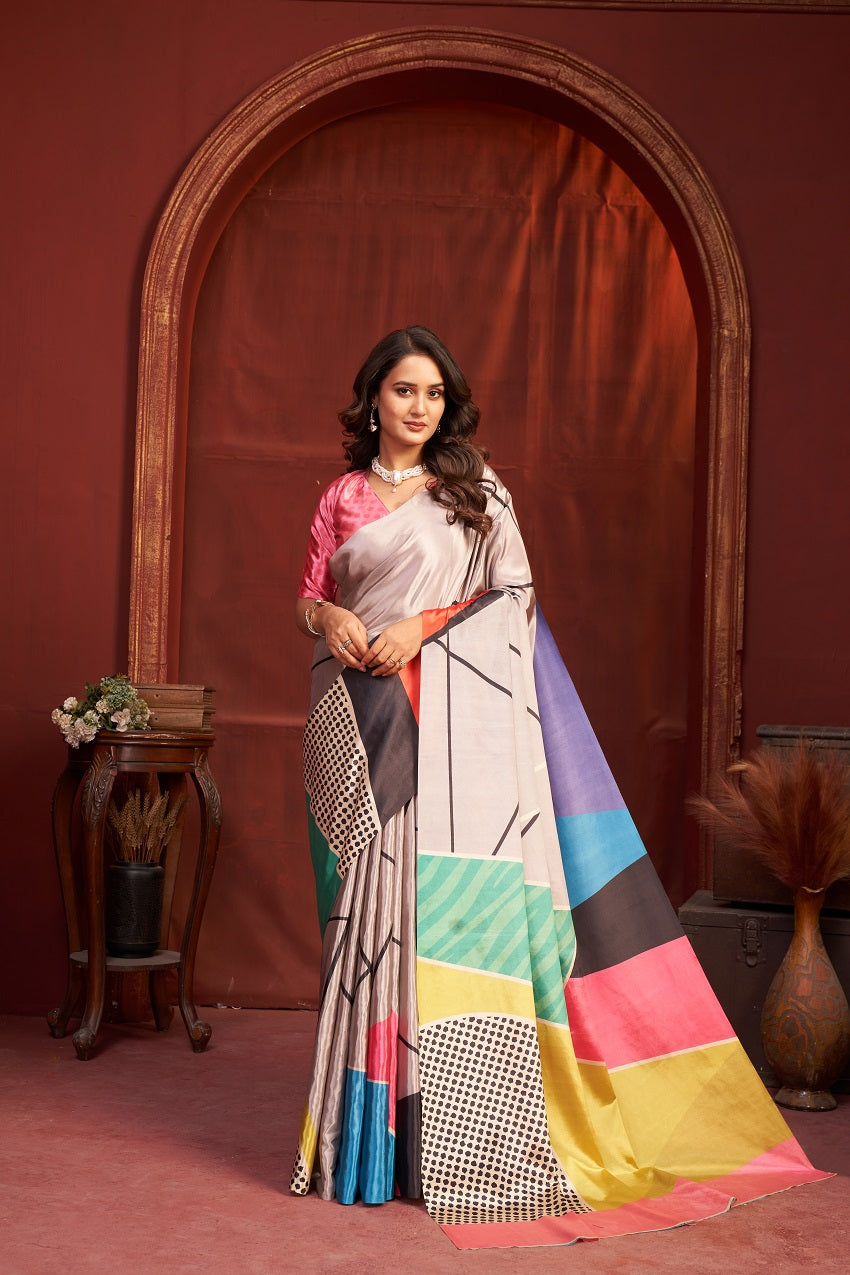 Hypnotex Premium Crepe Silk Digital Print Ready-To-Wear Saree With Stitched Blouse And Scarf-Multicolor