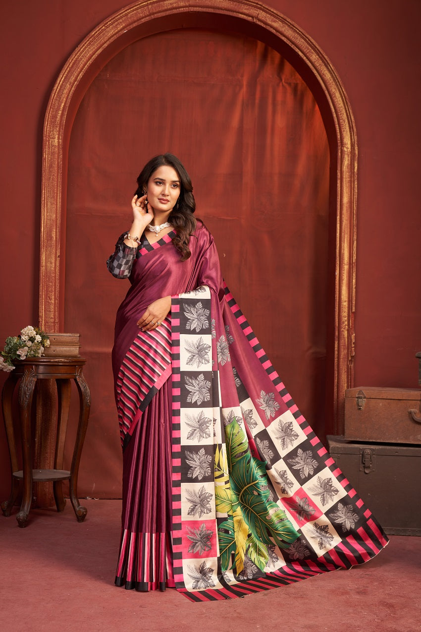 Hypnotex Premium Crepe Silk Digital Print Ready-To-Wear Saree With Stitched Blouse And Scarf-Multicolor