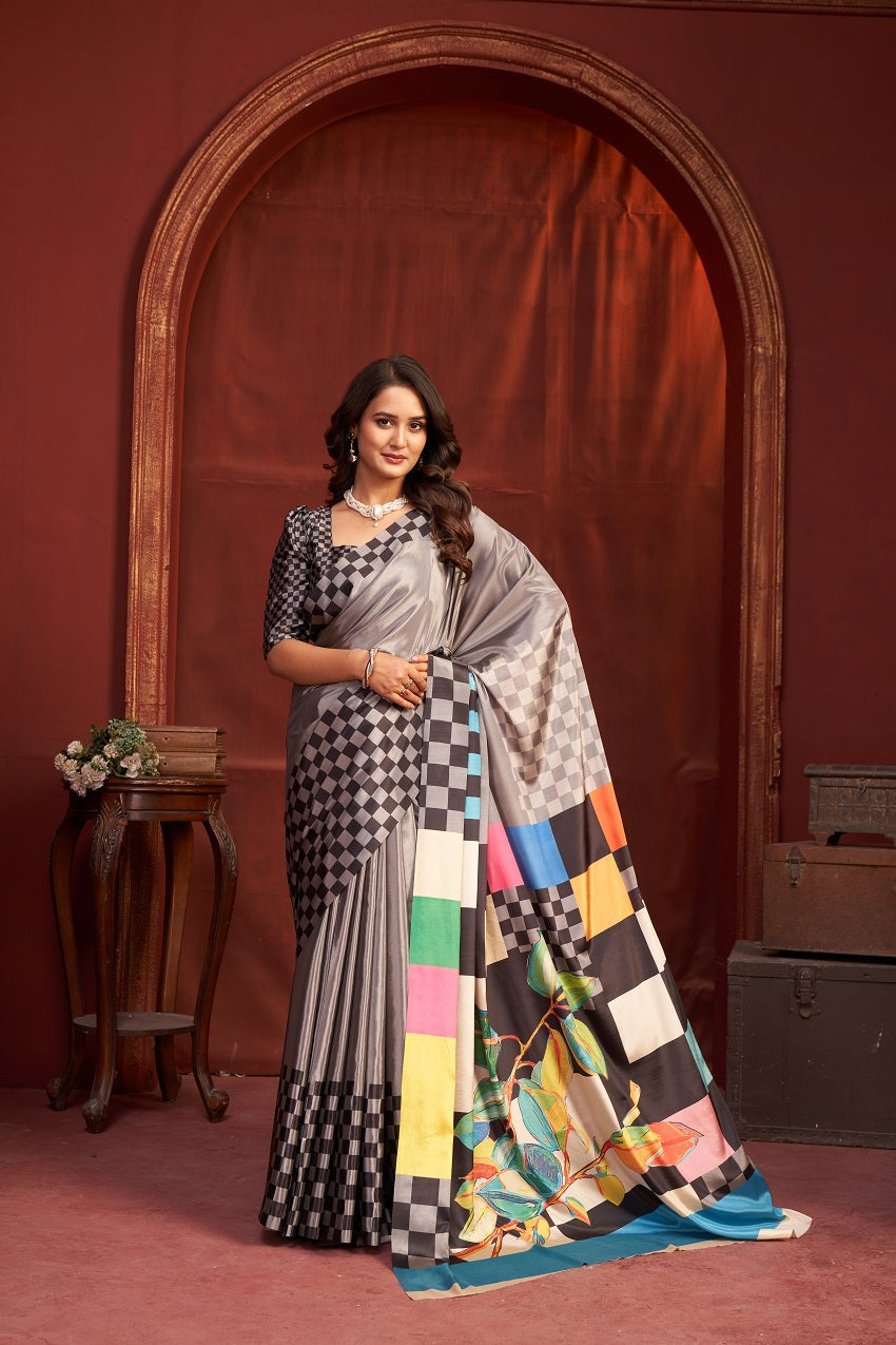Hypnotex Premium Crepe Silk Digital Print Ready-To-Wear Saree With Stitched Blouse And Scarf-Multicolor