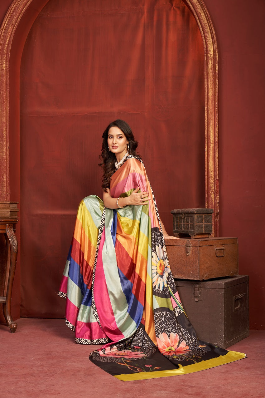 Hypnotex Premium Crepe Silk Digital Print Ready-To-Wear Saree With Stitched Blouse And Scarf-Multicolor