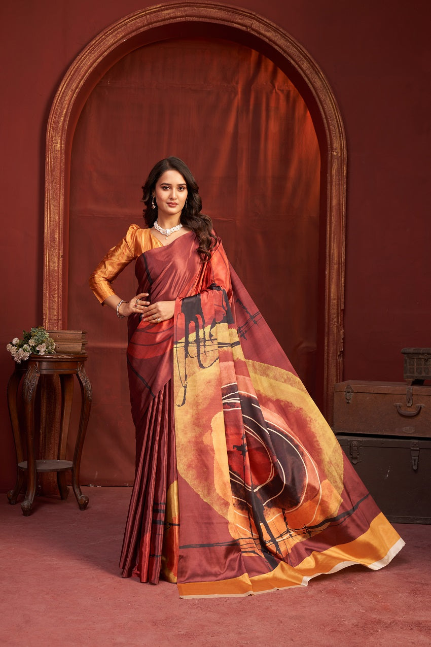 Hypnotex Premium Crepe Silk Digital Print Ready-To-Wear Saree With Stitched Blouse And Scarf-Multicolor