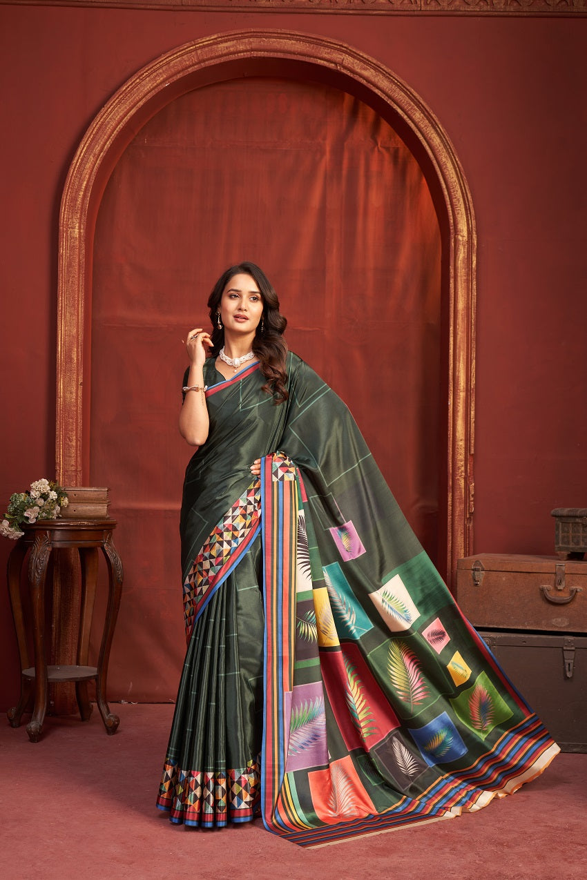 Hypnotex Premium Crepe Silk Digital Print Ready-To-Wear Saree With Stitched Blouse And Scarf-Multicolor