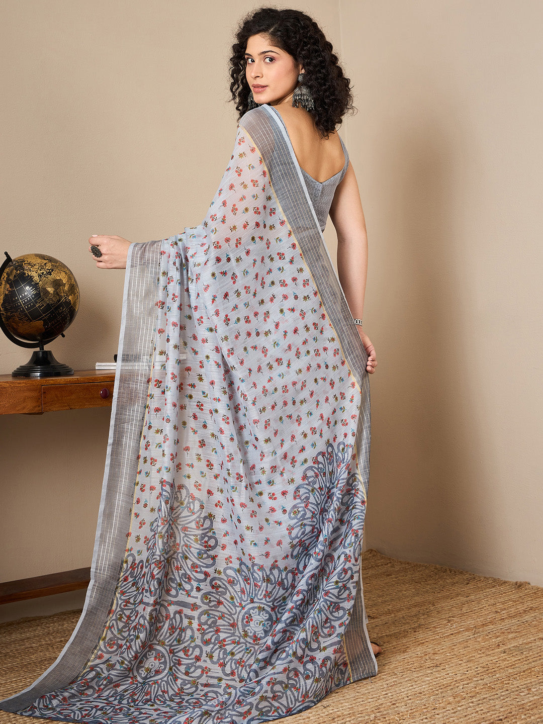 NOZ2TOZ Women's Linen Grey Printed Ready to Wear With Blouse Piece - Distacart