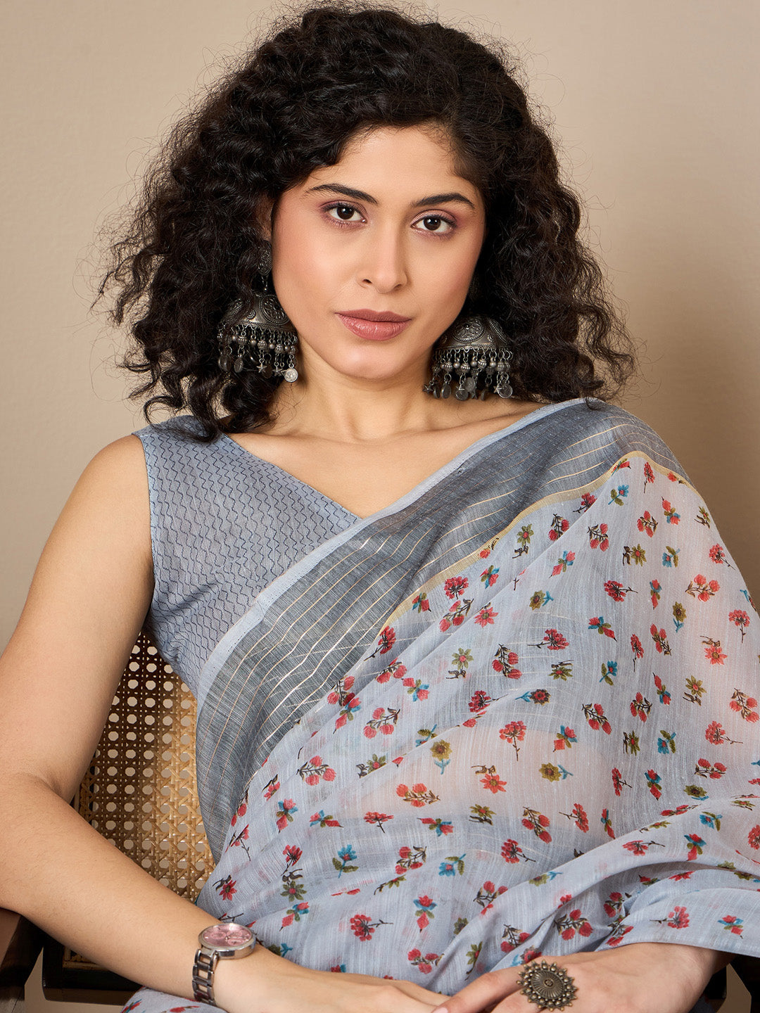 NOZ2TOZ Women's Linen Grey Printed Ready to Wear With Blouse Piece - Distacart