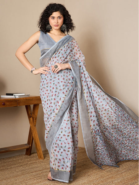 NOZ2TOZ Women's Linen Grey Printed Ready to Wear With Blouse Piece - Distacart