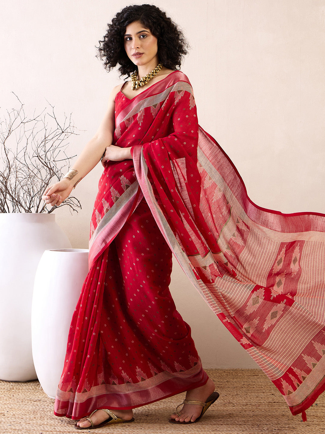 NOZ2TOZ Women's Cotton Linen Red Printed Ready to Wear With Blouse Piece - Distacart