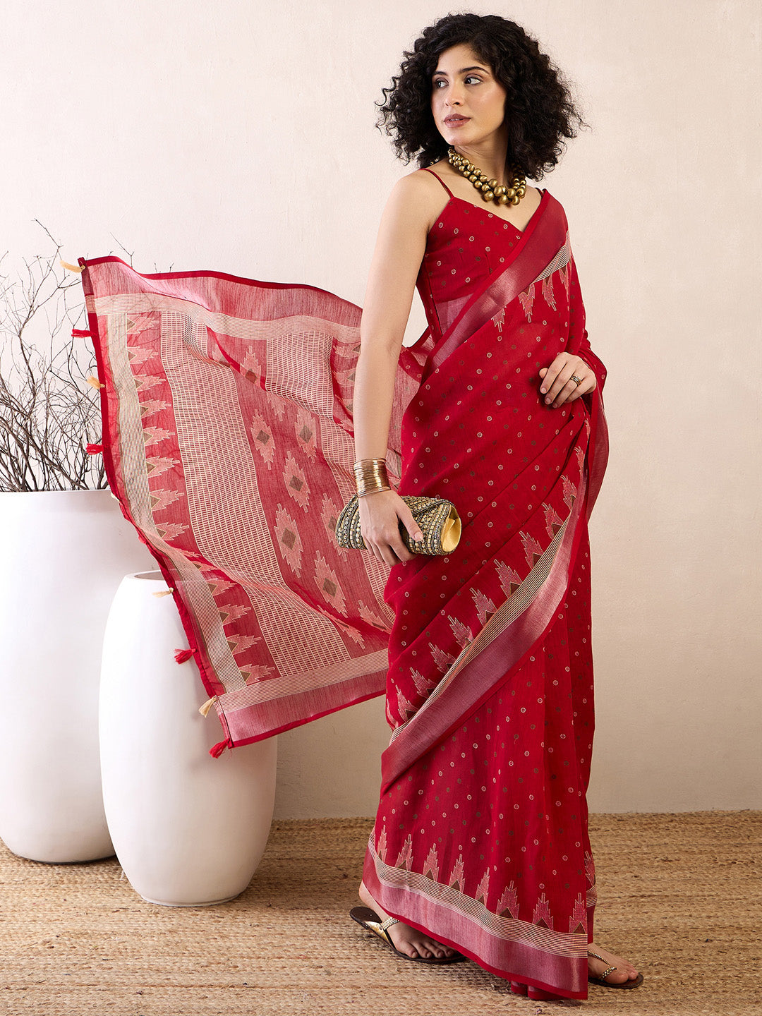 NOZ2TOZ Women's Cotton Linen Red Printed Ready to Wear With Blouse Piece - Distacart