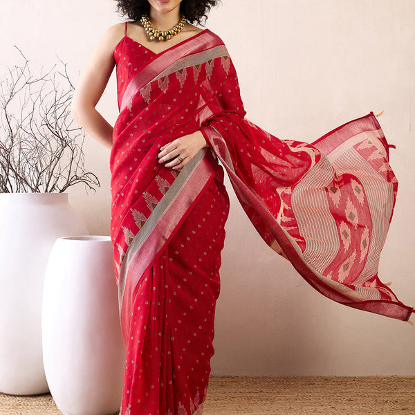 NOZ2TOZ Women's Cotton Linen Red Printed Ready to Wear With Blouse Piece - Distacart