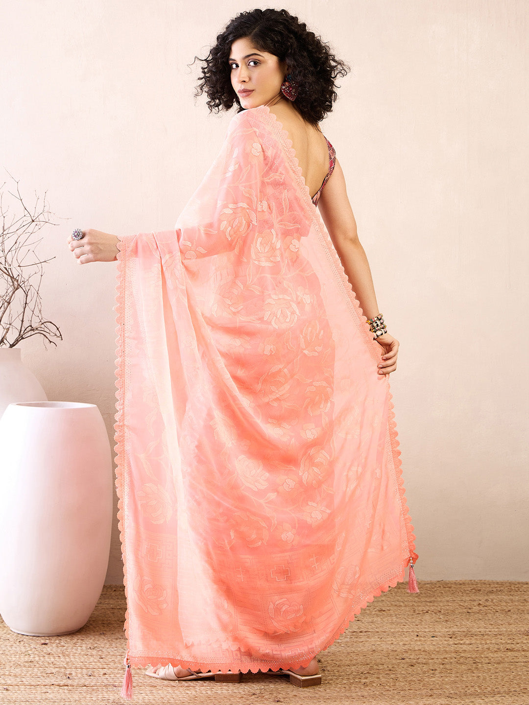 NOZ2TOZ Women's Chiffon Pink Embellished Ready to Wear With Blouse Piece - Distacart