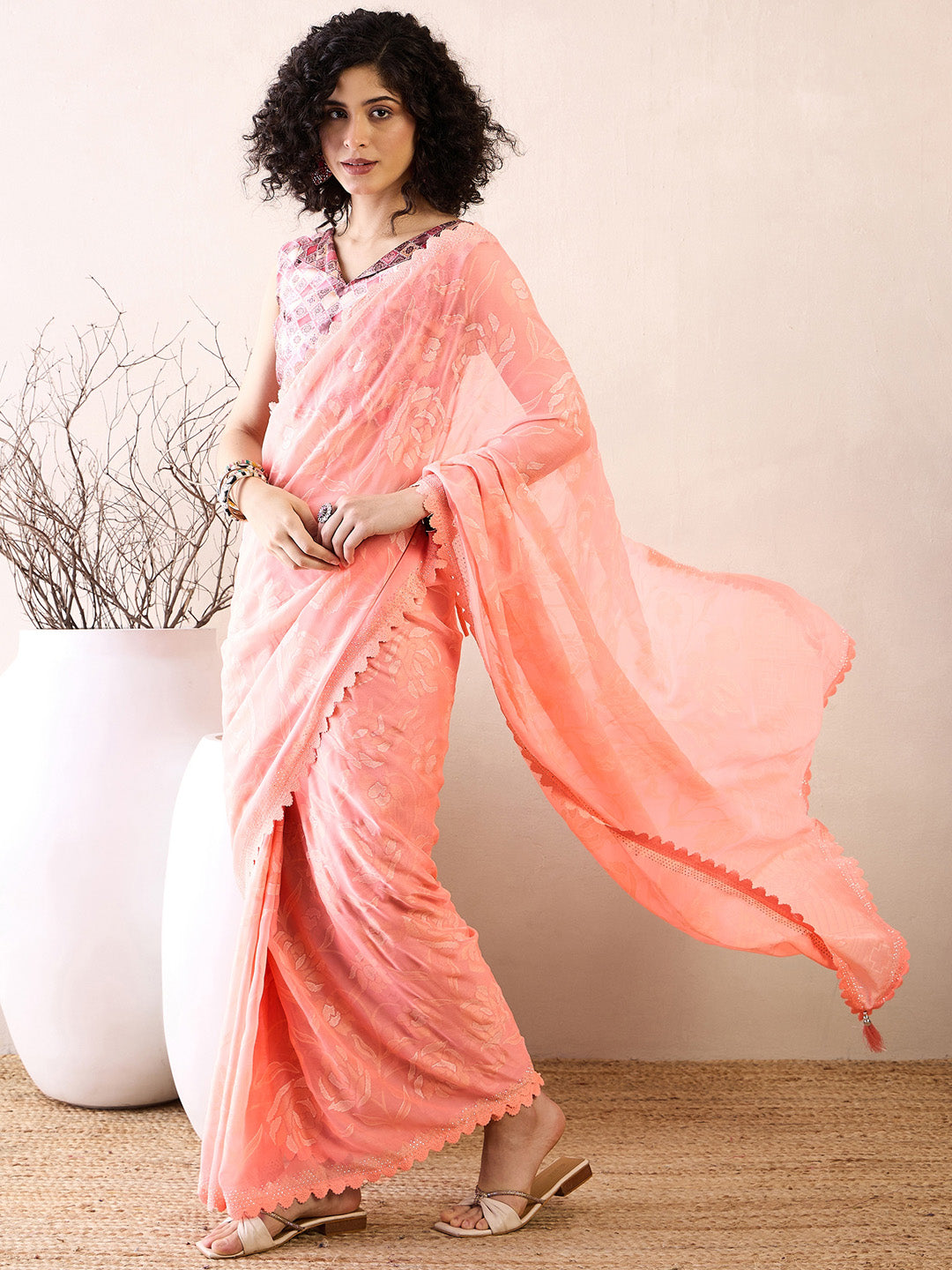 NOZ2TOZ Women's Chiffon Pink Embellished Ready to Wear With Blouse Piece - Distacart