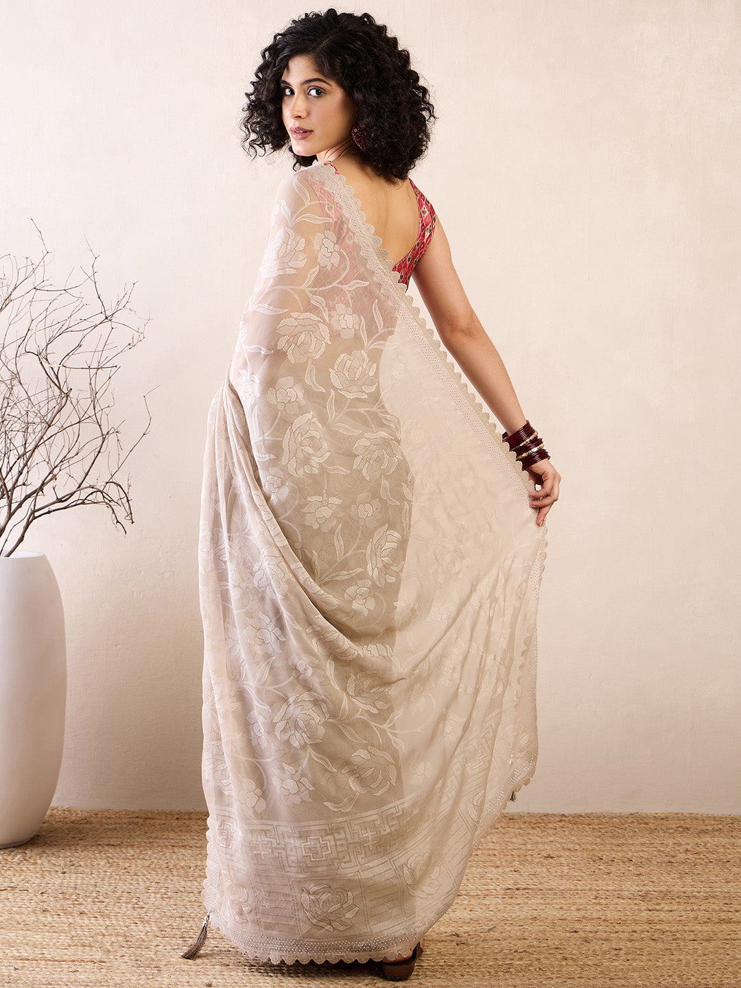 NOZ2TOZ Women's Chiffon Cream Embellished Ready to Wear With Blouse Piece - Distacart