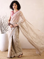 Thumbnail for NOZ2TOZ Women's Chiffon Cream Embellished Ready to Wear With Blouse Piece - Distacart
