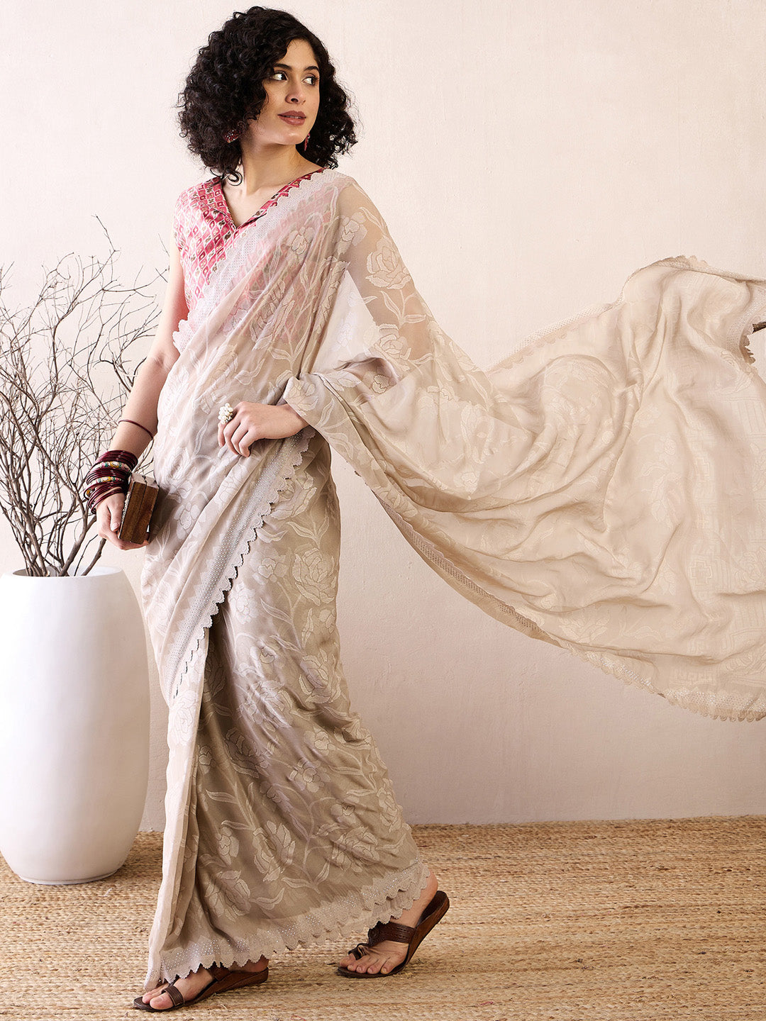 NOZ2TOZ Women's Chiffon Cream Embellished Ready to Wear With Blouse Piece - Distacart