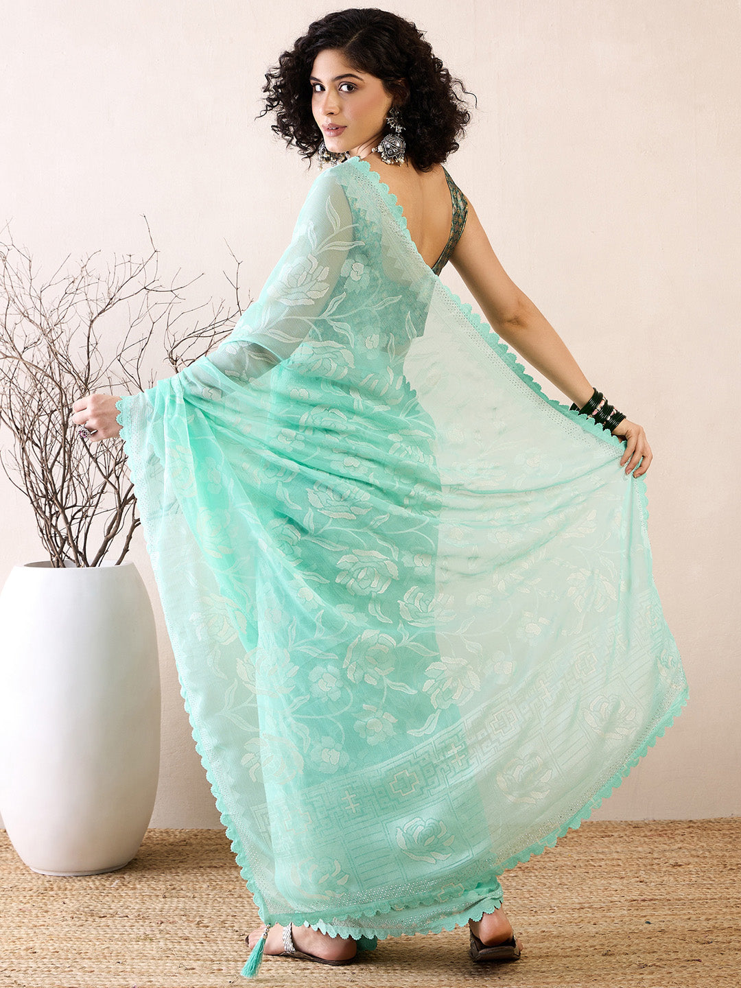 NOZ2TOZ Women's Chiffon Sea Green Embellished Ready to Wear With Blouse Piece - Distacart