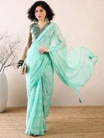 Thumbnail for NOZ2TOZ Women's Chiffon Sea Green Embellished Ready to Wear With Blouse Piece - Distacart