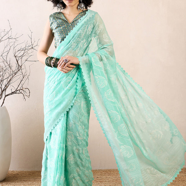 NOZ2TOZ Women's Chiffon Sea Green Embellished Ready to Wear With Blouse Piece - Distacart