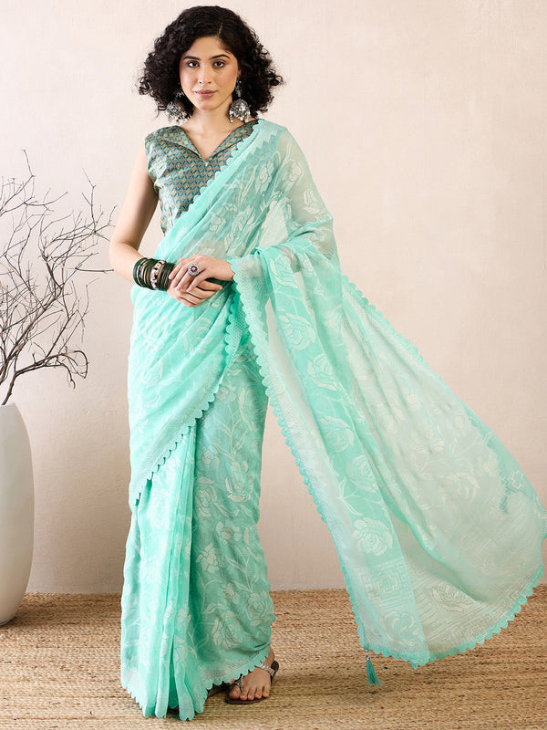 NOZ2TOZ Women's Chiffon Sea Green Embellished Ready to Wear With Blouse Piece - Distacart