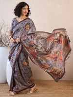 Thumbnail for NOZ2TOZ Women's Manipuri Silk Charcoal Grey Printed Ready to Wear With Blouse Piece - Distacart